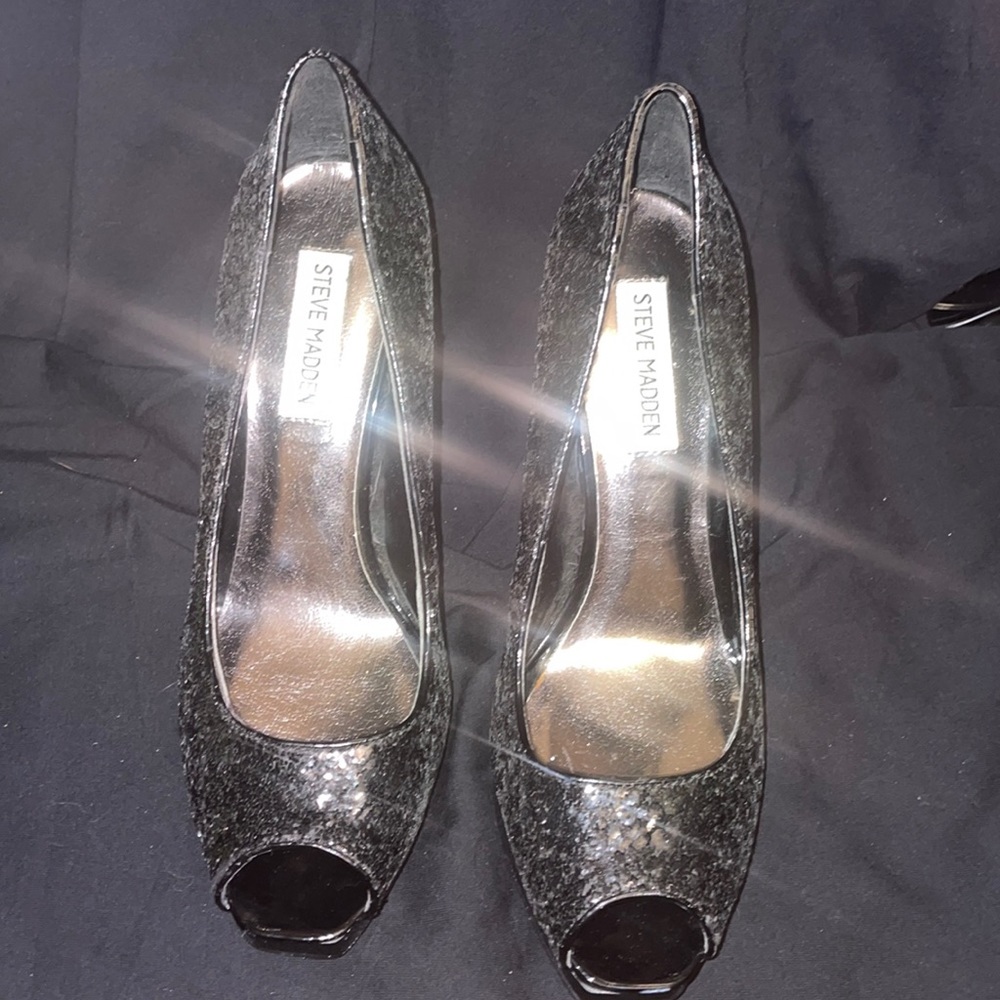 Steve Madden Black Glitter open toe heels